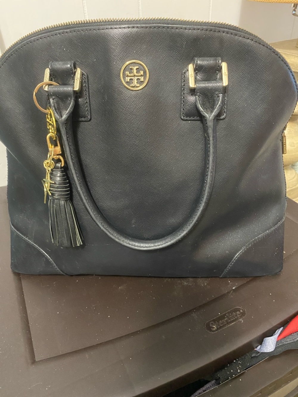 Tory Burch Black Saffiano Dome Satchel with Gold Hardware and Tassel